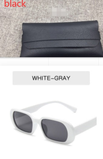 White-gray retro small frame women's sunglasses with colorful candy color design and non-polarized AC lenses.