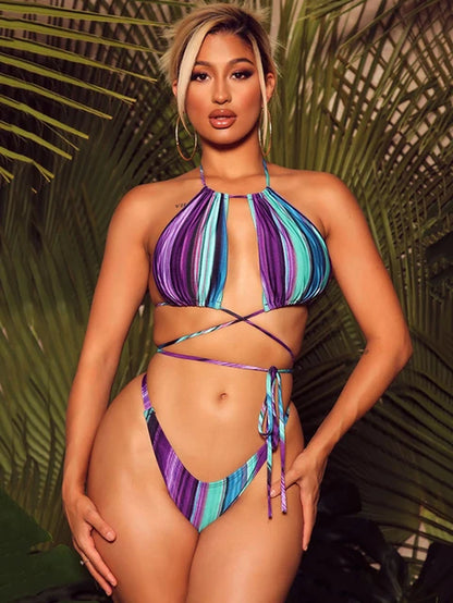 2022 Sexy Bandage Bikini Set and Beach Dress Swimwear Women Swimsuit Female Three Pieces Bikini Brazilian Bathing Suit Beachwear