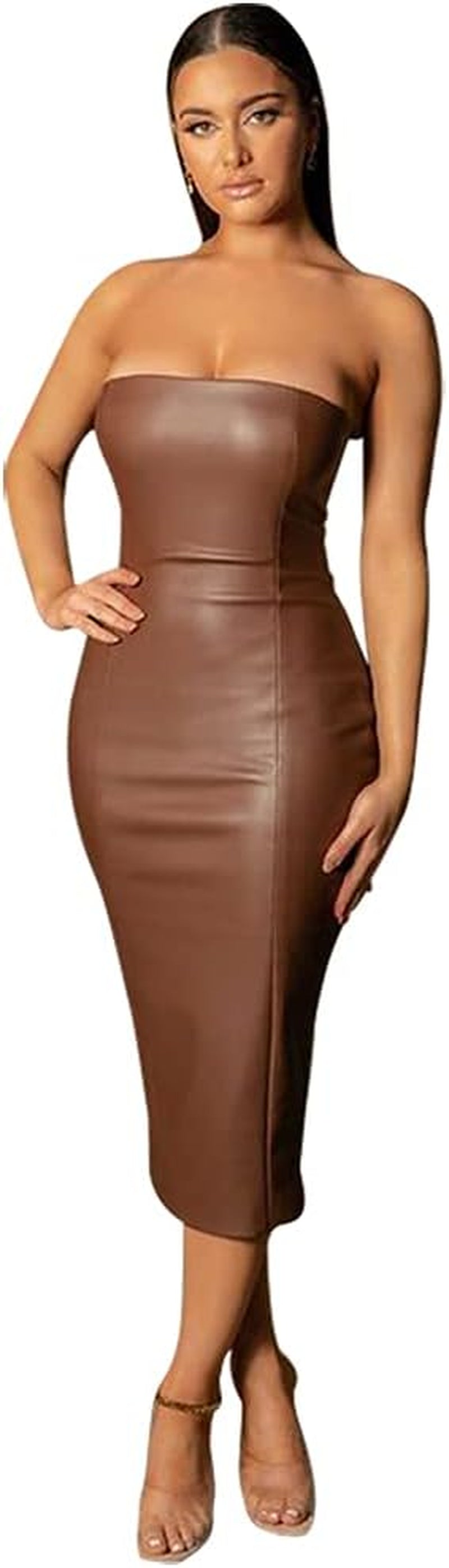 Women Sexy Strapless Tube Top Club Midi Dress off Shoulder Bodycon Party Faux Leather Dress