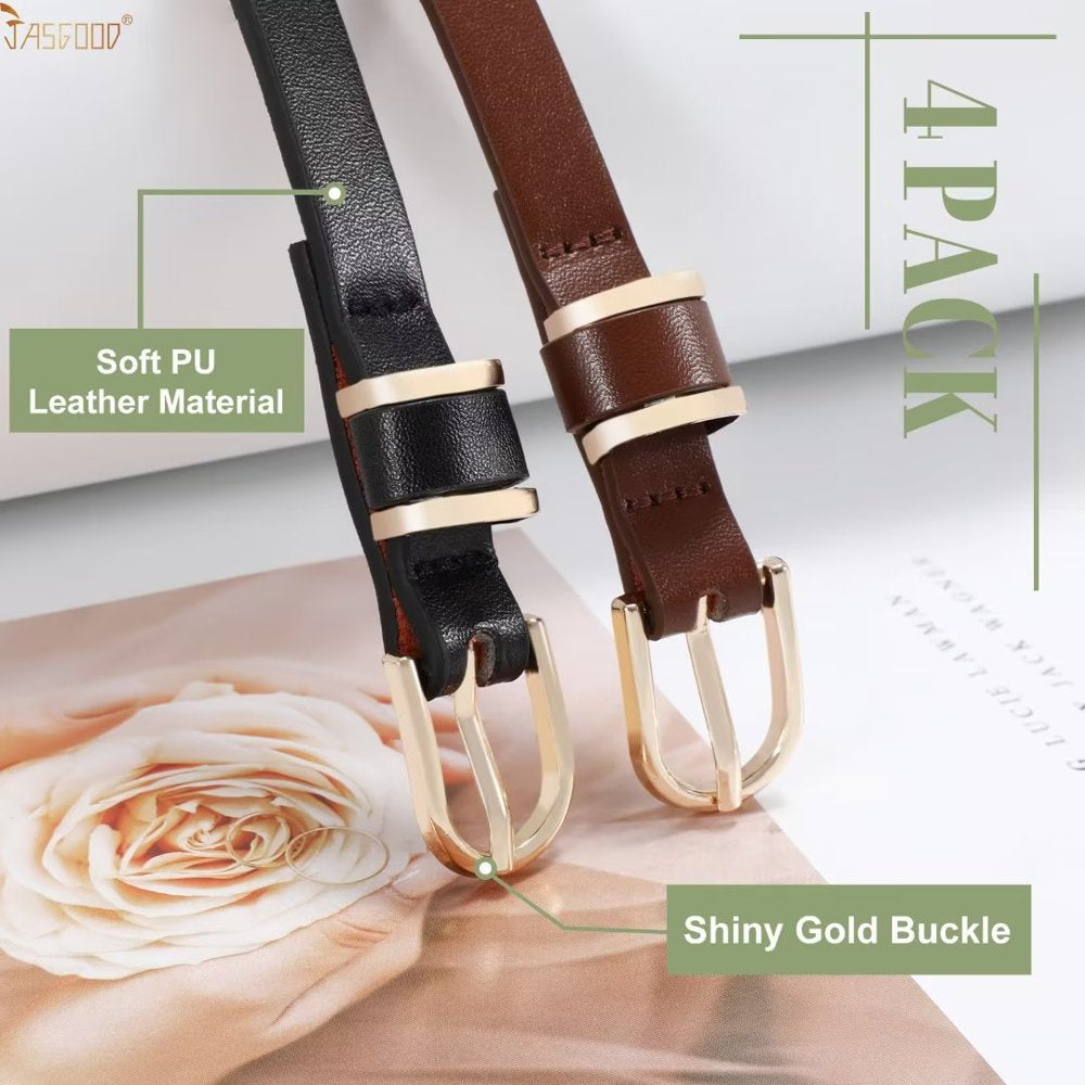 2PCS Women Skinny Leather Belts Thin Black and Coffee Belt for Pants Jeans Dresses