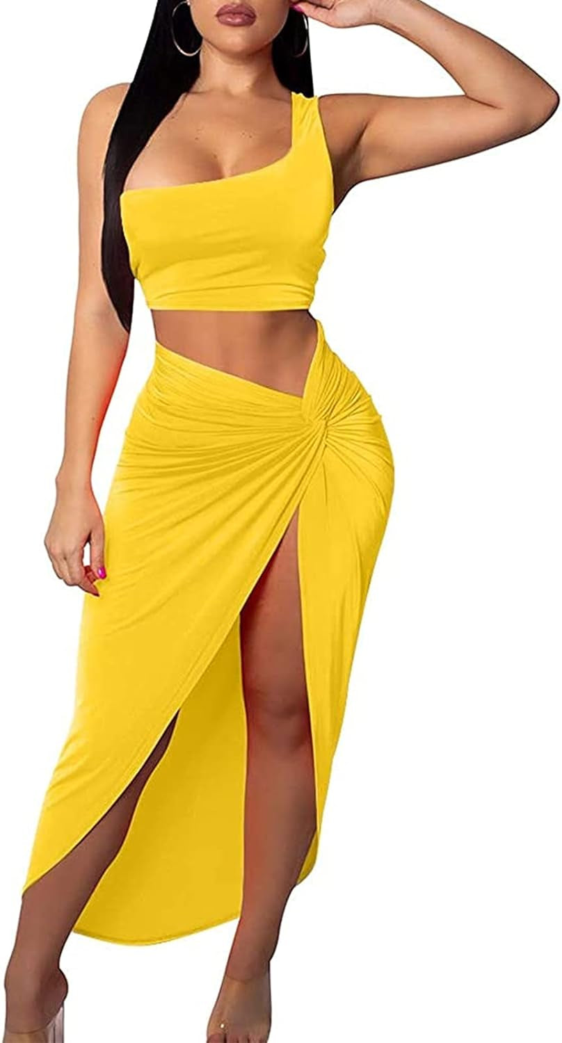 Bodycon Dress for Women Sexy One Shoulder Two Piece Outfits Slit Skirt