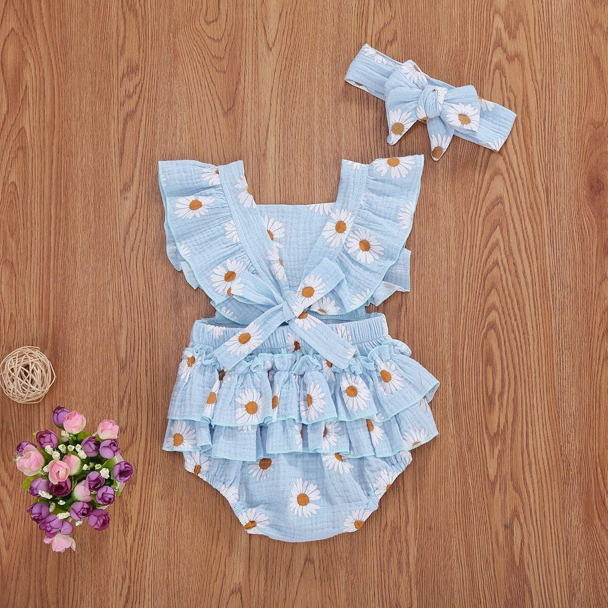 Baby Girls Daisy Playsuits Ruffled Bodysuit+Headband Print Fly Sleeve Romper Floral Jumpsuit Infant Summer Clothes