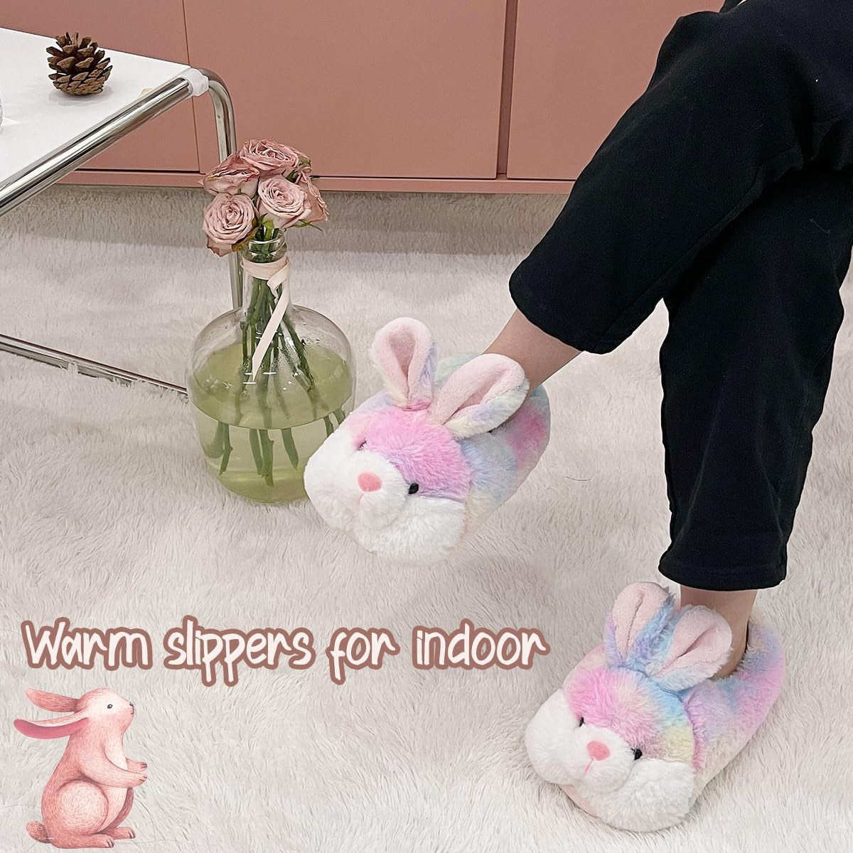 Classic Bunny Slippers for Women Funny Animal Novelty Slippers for Girls Cute Plush Rabbit Bedroom Slippers Easter Gifts