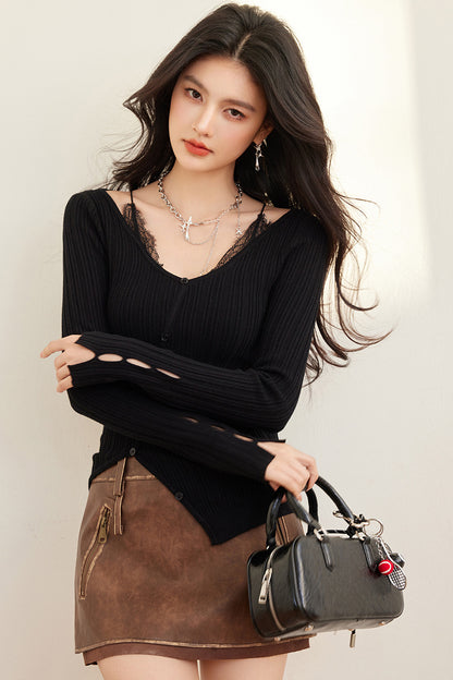 Lace Patchwork Knit Top with Design Sense for Women Spring  Sexy Layering Top