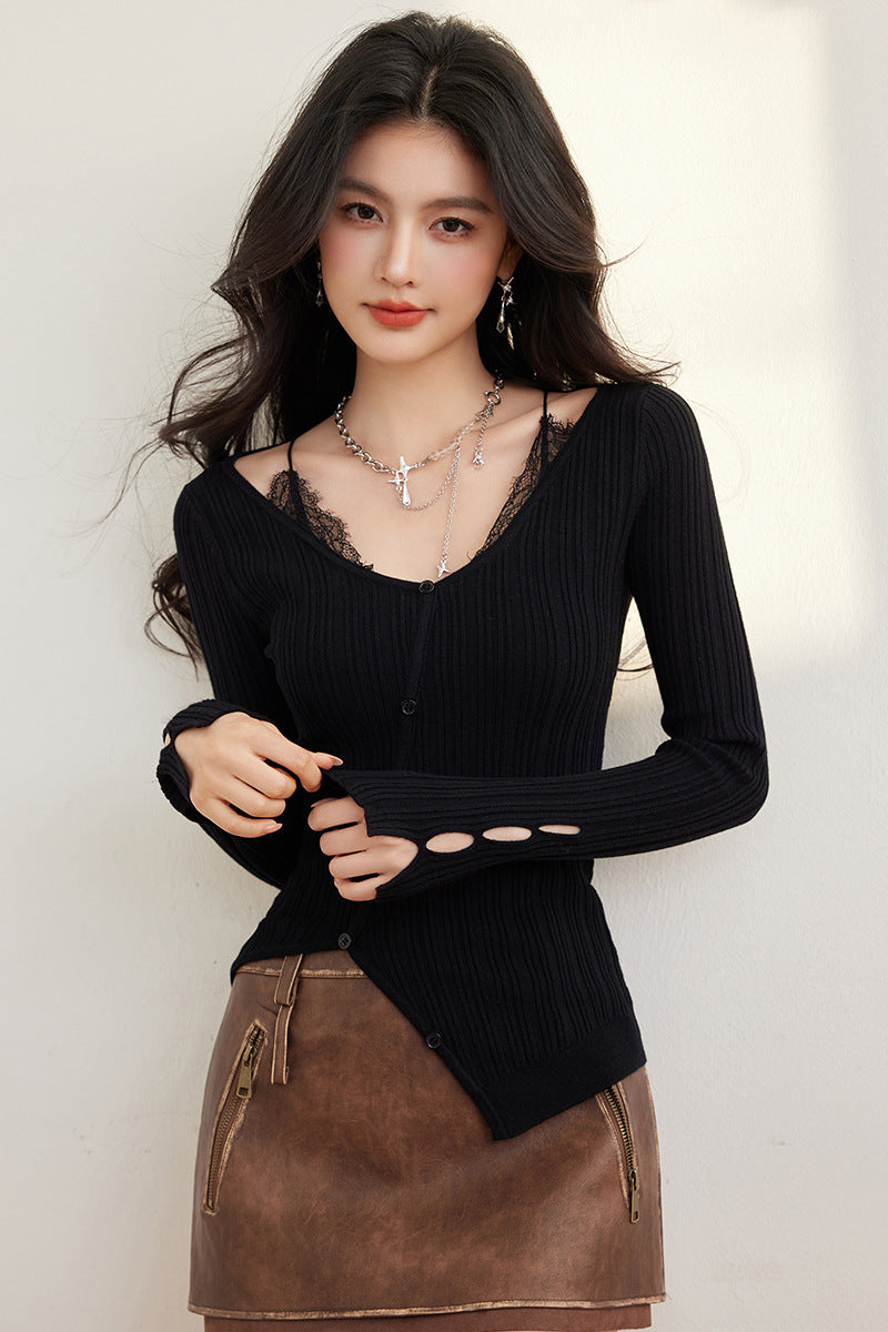 Lace Patchwork Knit Top with Design Sense for Women Spring  Sexy Layering Top