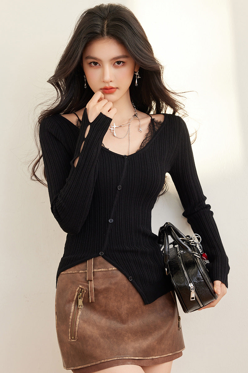 Lace Patchwork Knit Top with Design Sense for Women Spring  Sexy Layering Top