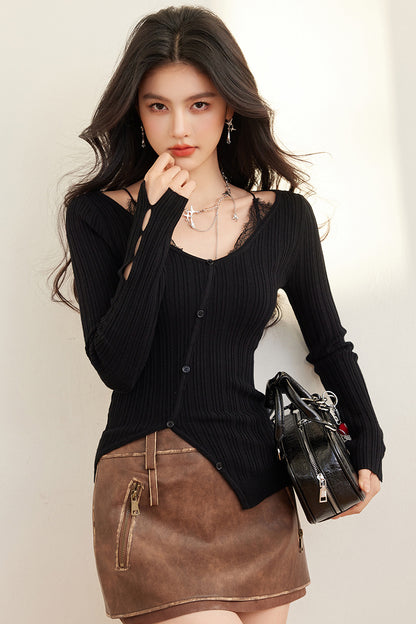 Lace Patchwork Knit Top with Design Sense for Women Spring  Sexy Layering Top