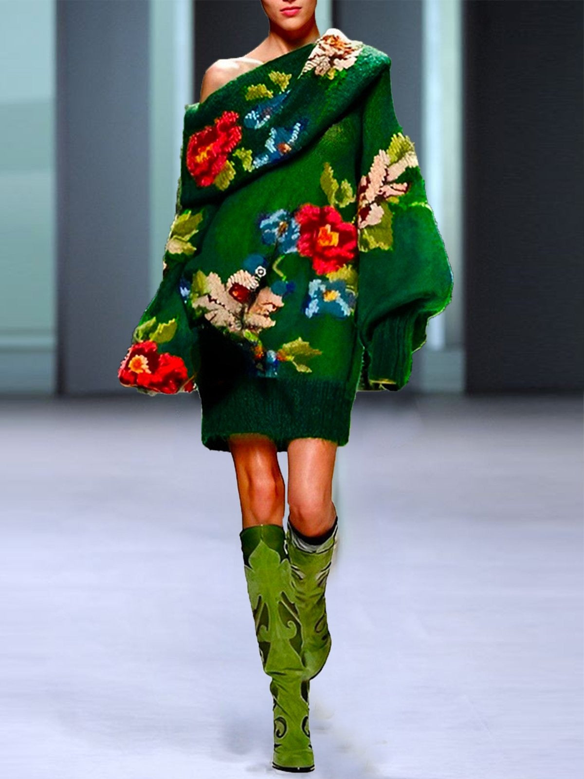Elegant loose floral cold shoulder heavyweight acrylic mini sweater dress with no belt