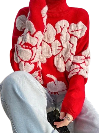 Turtleneck Floral Casual Sweater
