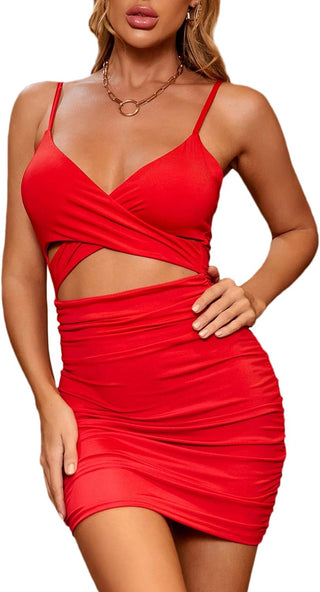 Women'S Cut Out Ruched Bodycon Mini Dress Crisscross Sleeveless Short Dresses Red Medium