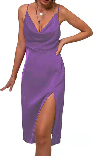Women'S Summer Sexy Ruched Midi Dress Adjustable Spaghetti Strap Bodycon Drawstring Side Slit Slip Party Clubwear
